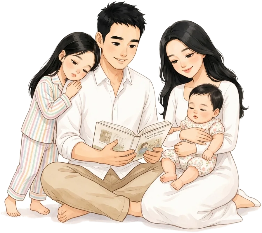 ภาพวาดครอบครัว พ่อนั่งอ่านนิทานให้ลูกสาวฟัง แม่อุ้มน้องคนเล็กนั่งข้าง ๆ