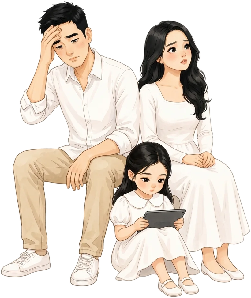 ภาพวาดพ่อแม่นั่งเหนื่อยใจ ข้าง ๆ ลูกสาวที่กำลังจ้องแท็บเล็ต